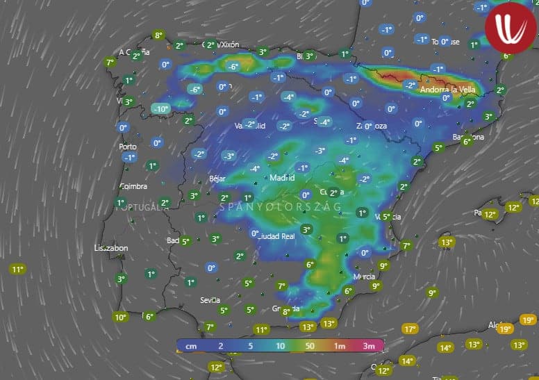 Hideg, és sok hó Spanyolországban. Igazi hóvihar tombol.